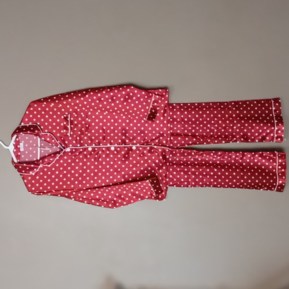 SWOMOG Red w White Polka Dot Satin 2 Piece Pajama Set Size L